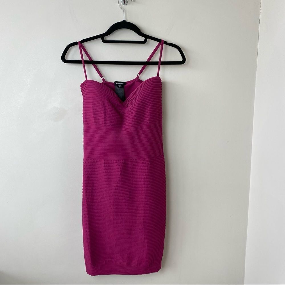 Bebe-Ribbed Deep Raspberry Party Mini Bodycon Dress (Medium/Large)